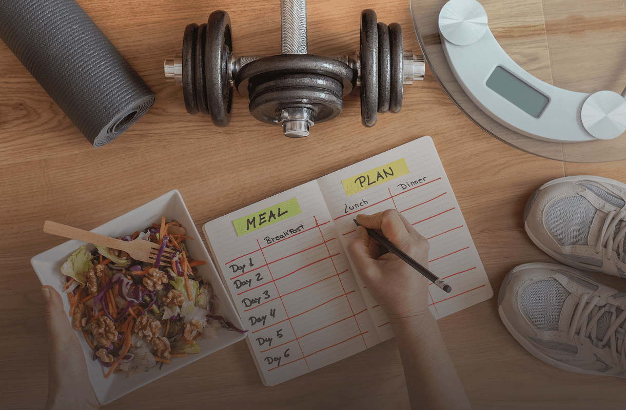 Fitness gear, salad, and weekly meal plan