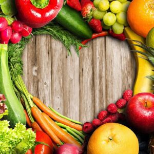 Fruits and vegetables forming heart shape.